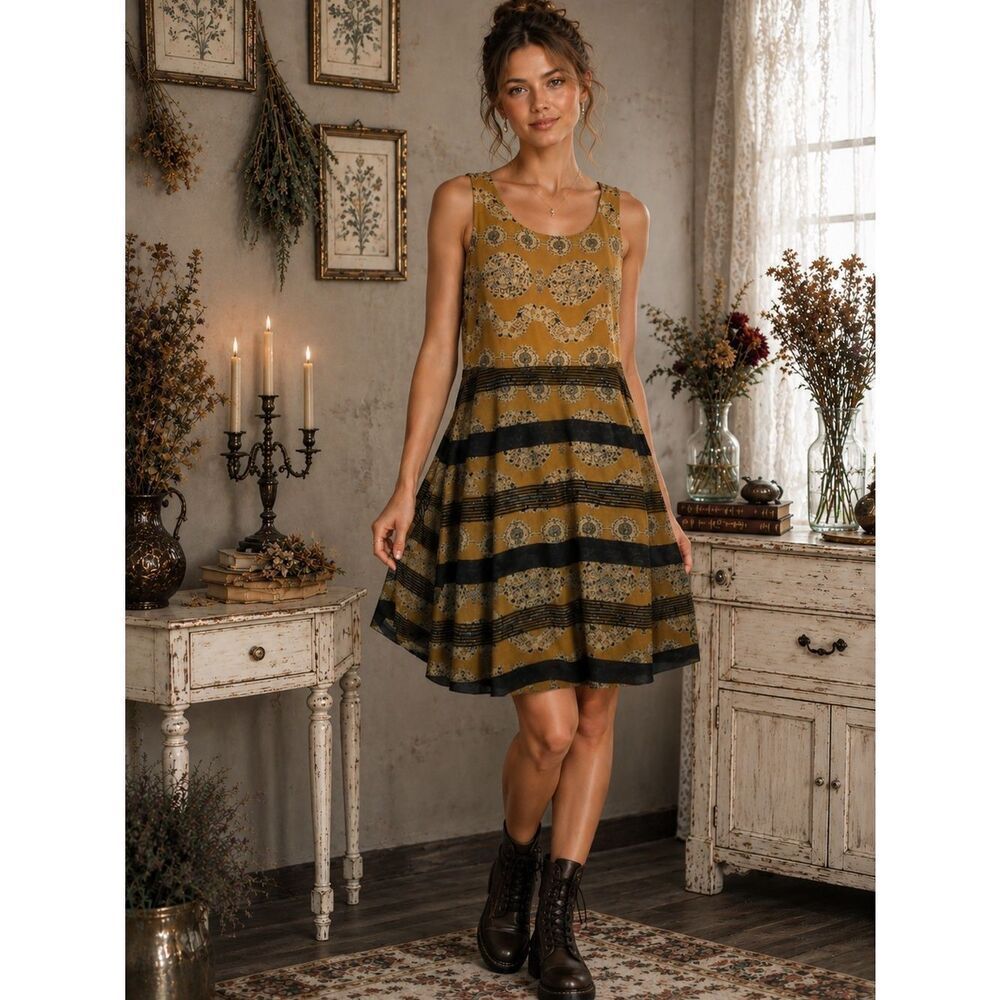 Whish Black Sleeveless Stripe Mesh Overlay Tank Sun dress Yellow Blue Black S